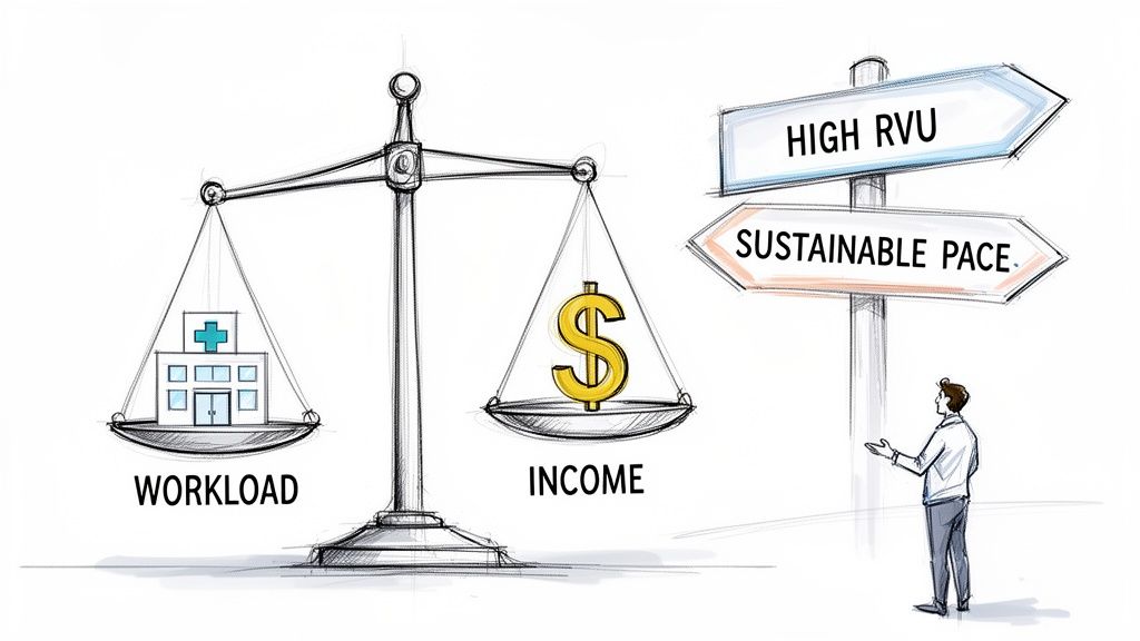 Illustration of a person choosing between high RVU and sustainable pace, balancing workload and income.