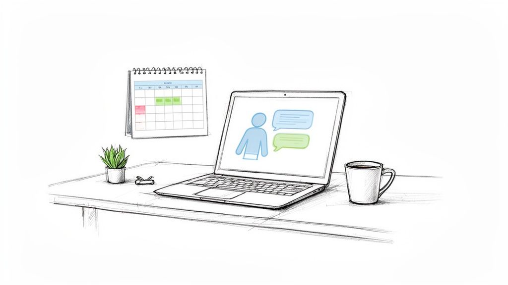 A sketch of a desk with a laptop displaying chat icons, a calendar, a plant, and a coffee mug.