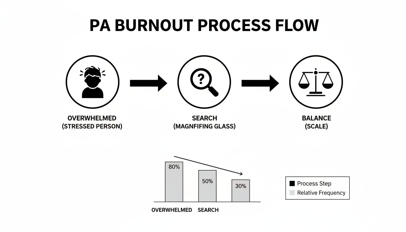 A flowchart illustrating the PA burnout process, showing steps from overwhelmed to balance, with a frequency bar chart.