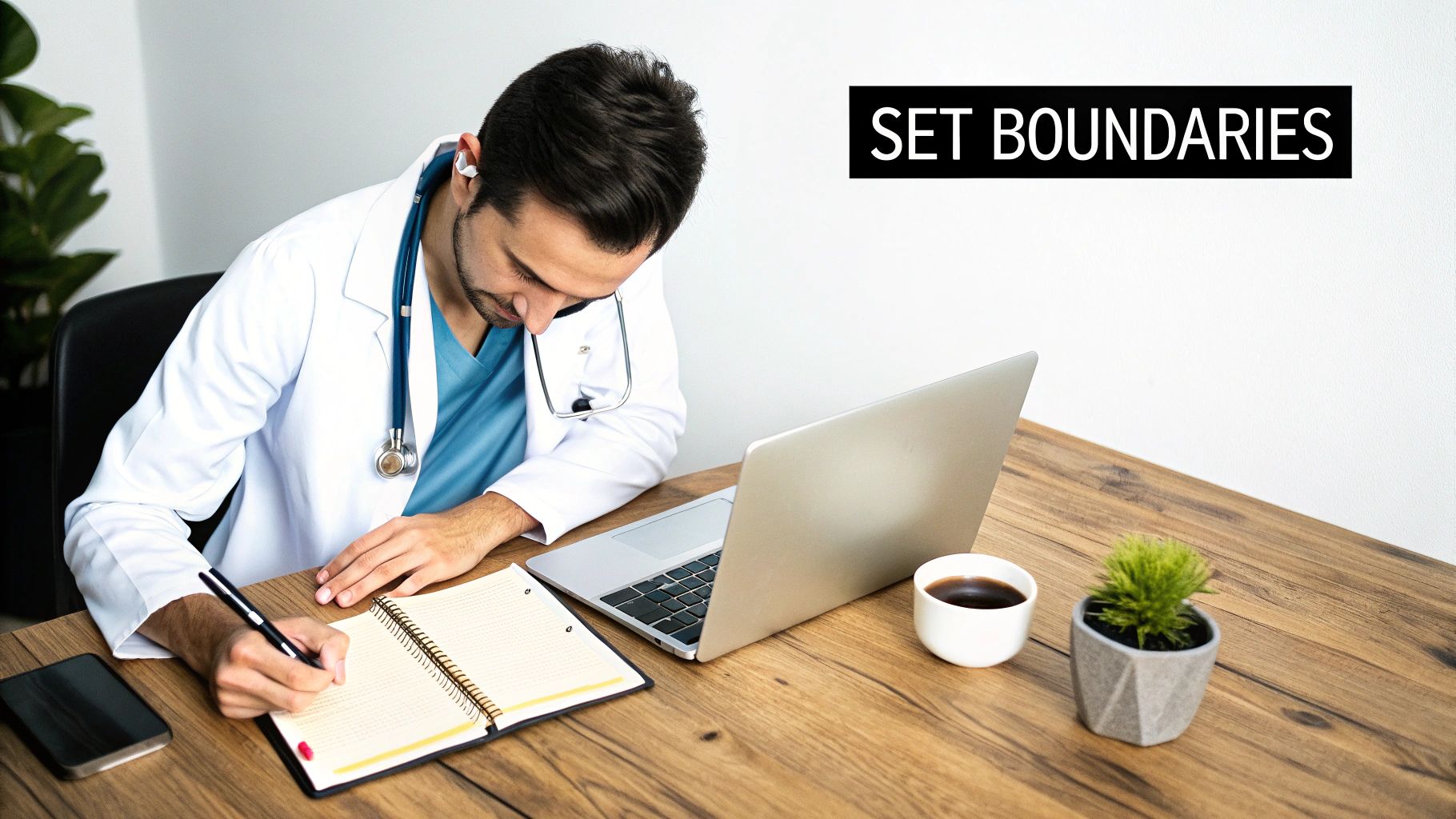 A physician assistant writes in a notebook at a desk with a laptop, coffee, and 'SET BOUNDARIES' text.