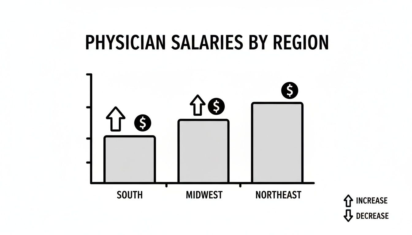 Bar chart illustrates physician salaries across South, Midwest, and Northeast regions, with Northeast showing the highest.