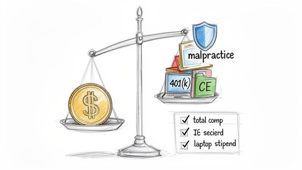 A balance scale comparing a heavy dollar coin to lighter job benefits and liabilities like malpractice and 401(k).