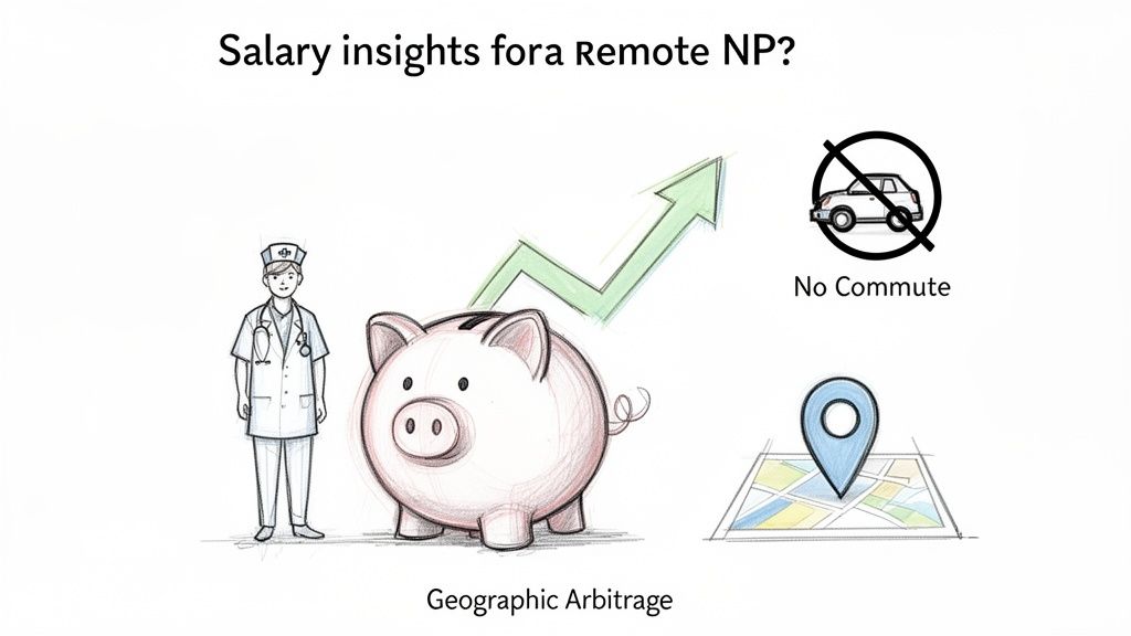 Illustration showing salary insights and benefits for a remote nurse practitioner, including increased earnings, no commute, and geographic arbitrage.