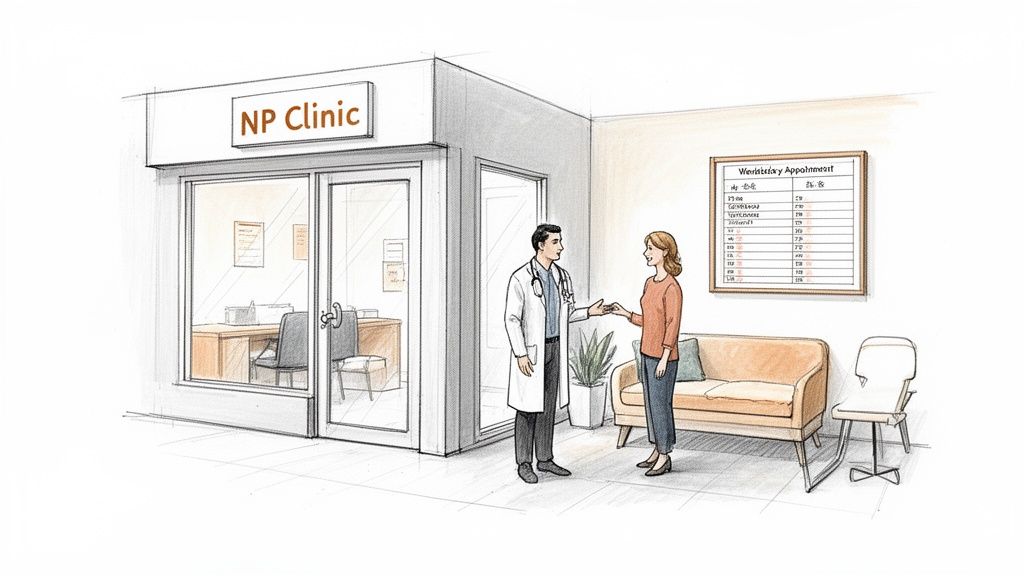 A nurse practitioner clinic with a doctor speaking to a patient in the waiting room.