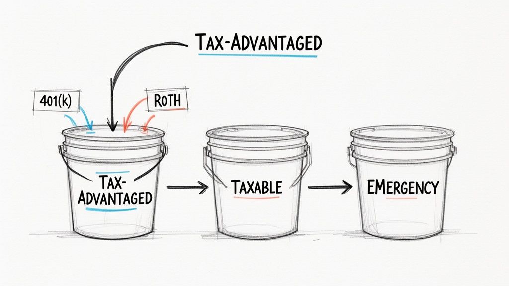 A financial planning diagram illustrating a savings strategy using three buckets: Tax-Advantaged, Taxable, and Emergency.