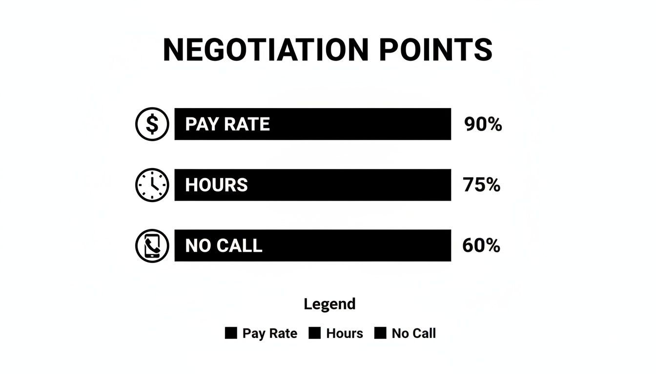 A bar chart showing negotiation points: Pay Rate at 90%, Hours at 75%, and No Call at 60%.