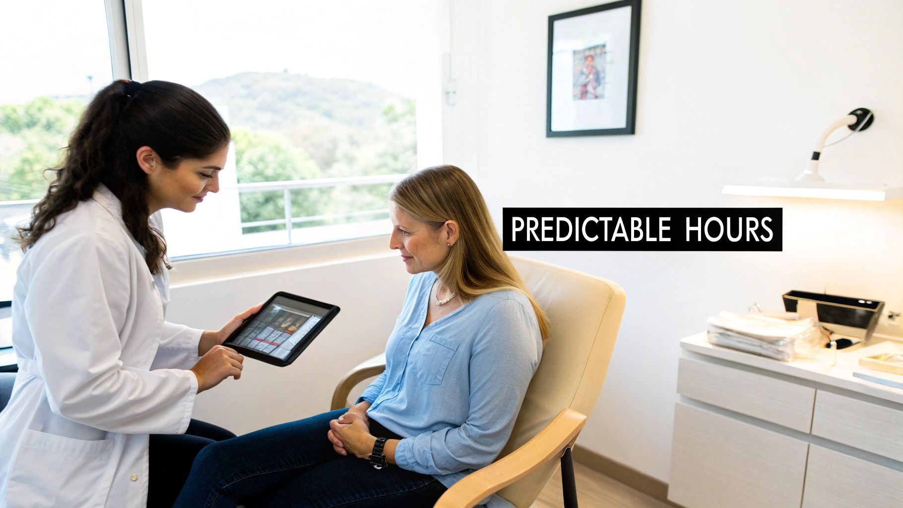 A medical professional shows a patient information on a tablet, emphasizing "PREDICTABLE HOURS."