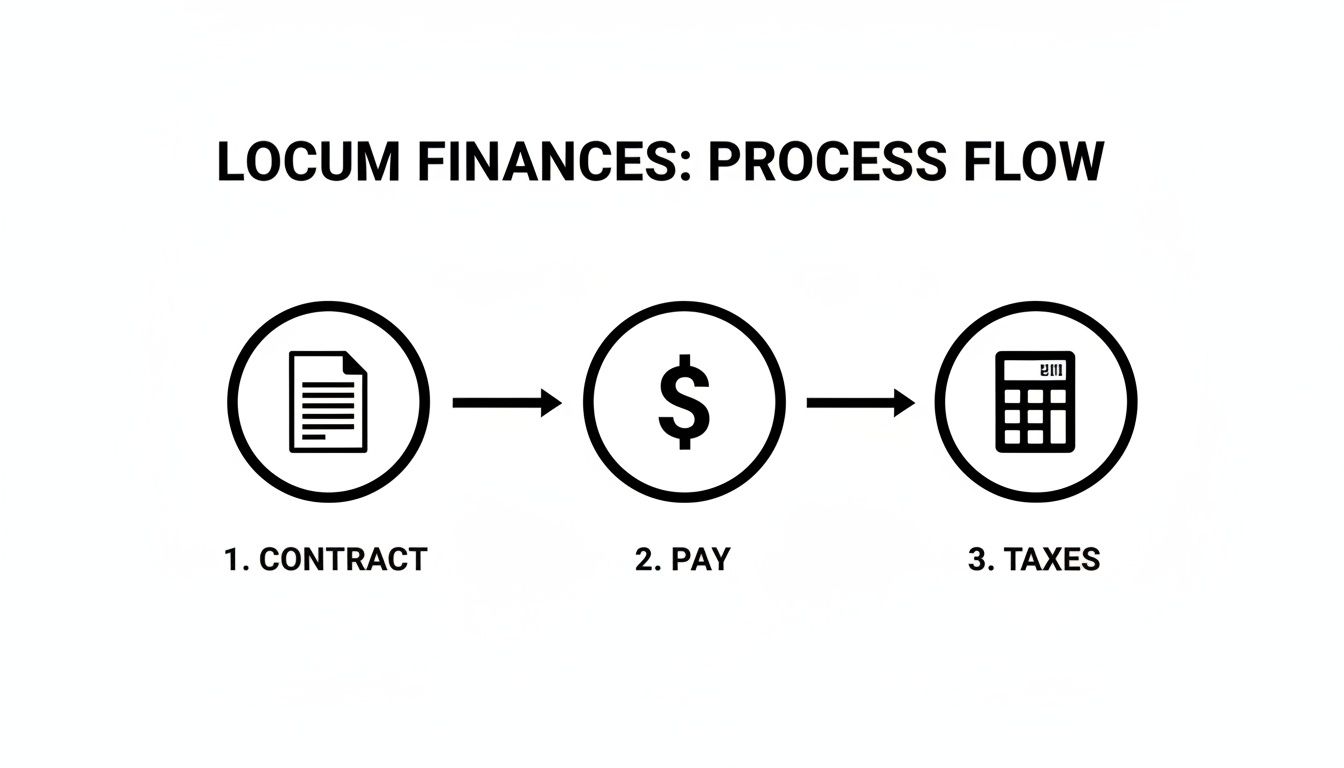 Flowchart illustrating locum tenens finances process: contract, pay, and taxes.