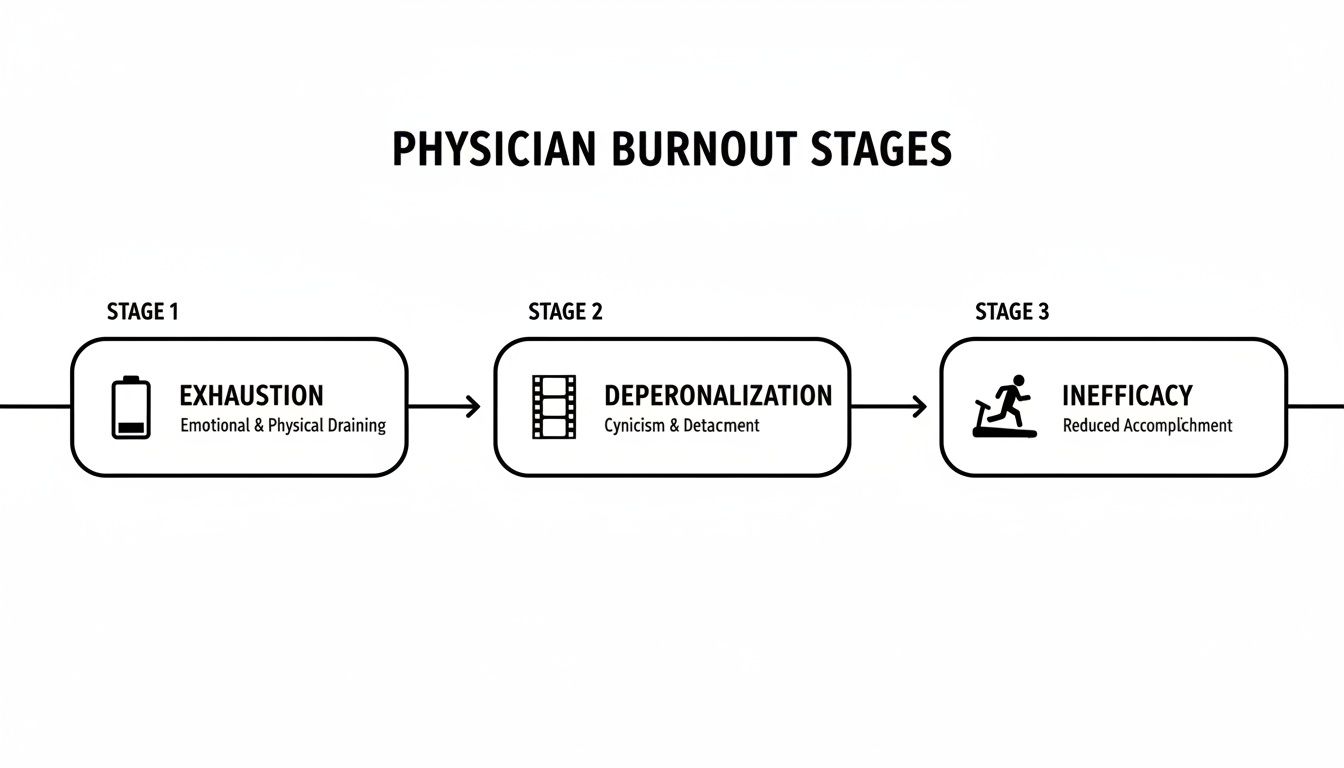 Diagram illustrating the three stages of physician burnout: exhaustion, depersonalization, and inefficacy.