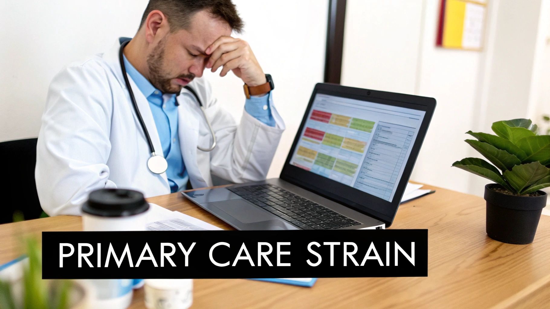 A stressed male doctor in a white coat and stethoscope sits at a desk, looking overwhelmed by primary care strain.