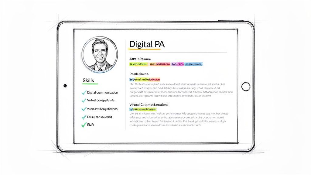 A sketch of a tablet showing a 'Digital PA' profile with a man's photo, skills, and resume sections.