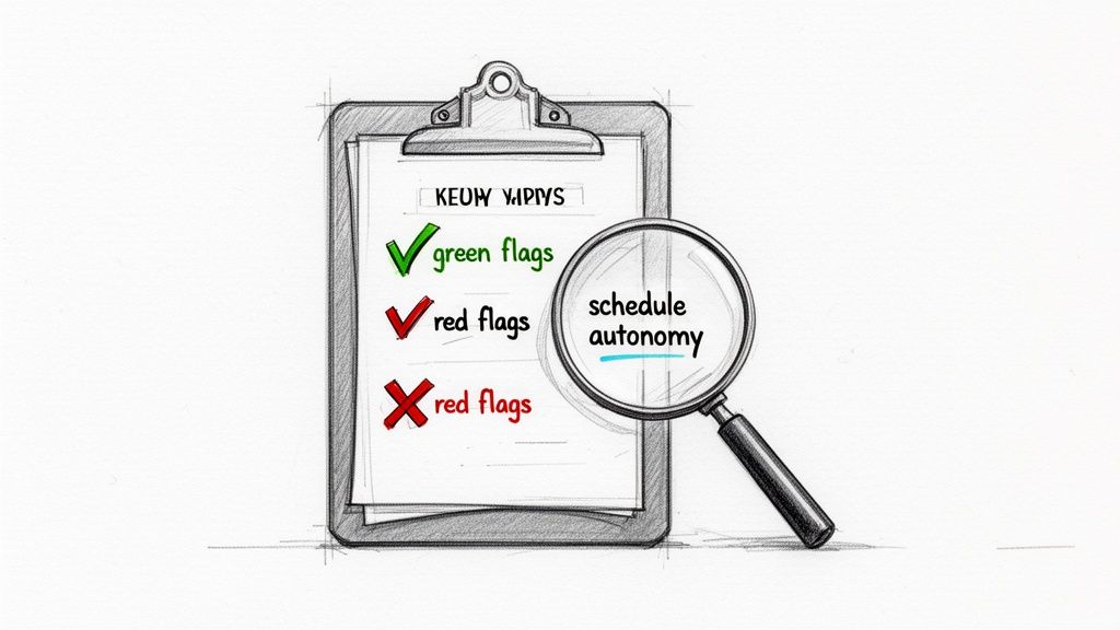Hand-drawn sketch of a checklist on a clipboard with green and red flags, highlighting 'schedule autonomy' with a magnifying glass.