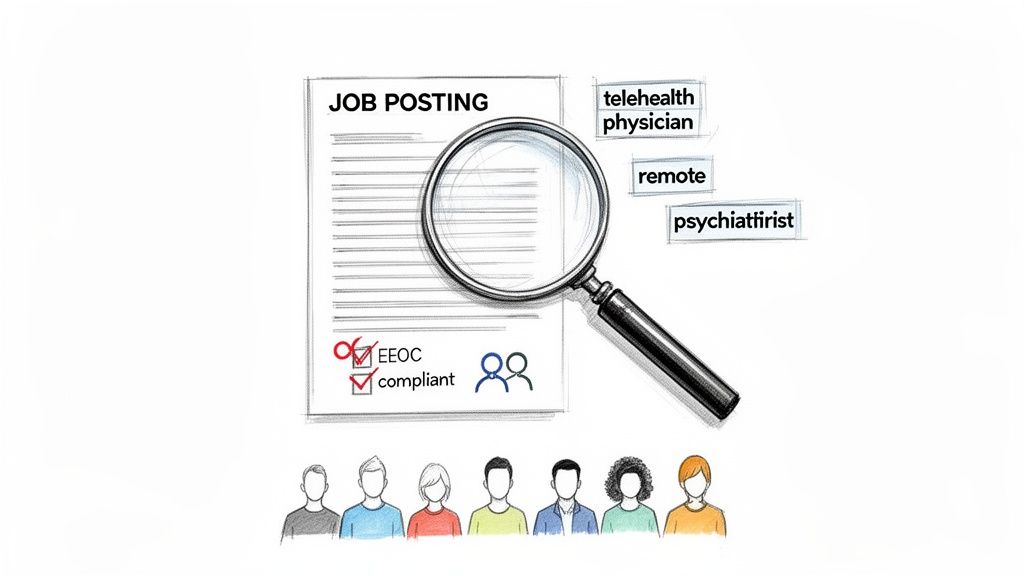 Job posting with magnifying glass, keywords 'telehealth physician', 'remote', and diverse applicants, emphasizing EEO compliance.