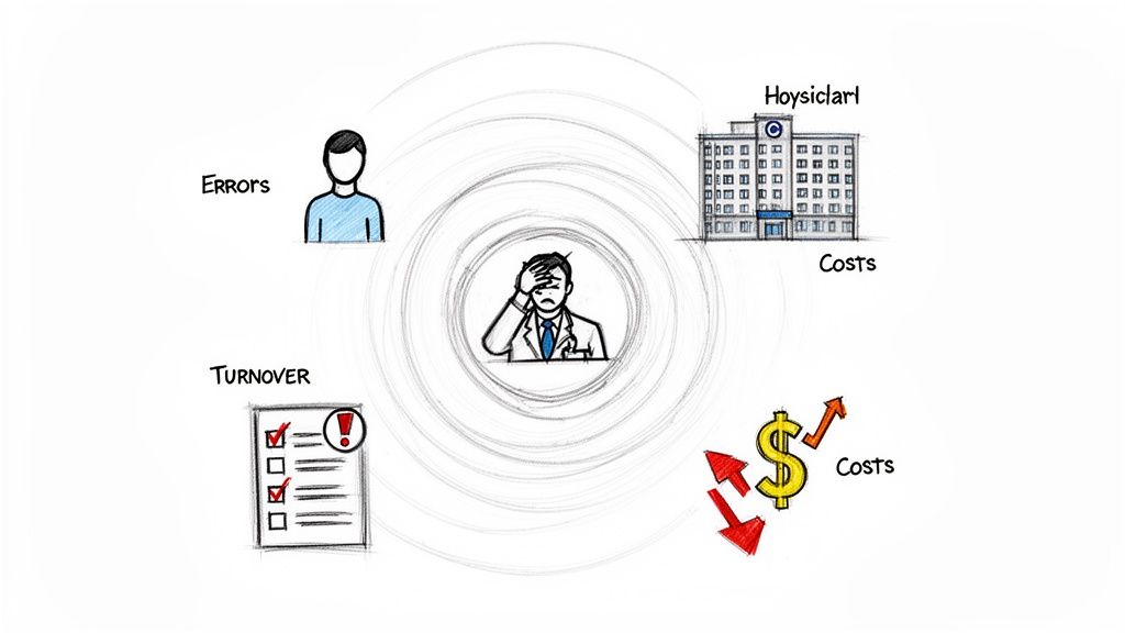 An illustration showing a stressed doctor surrounded by factors like errors, turnover, and increasing costs from a hospital.
