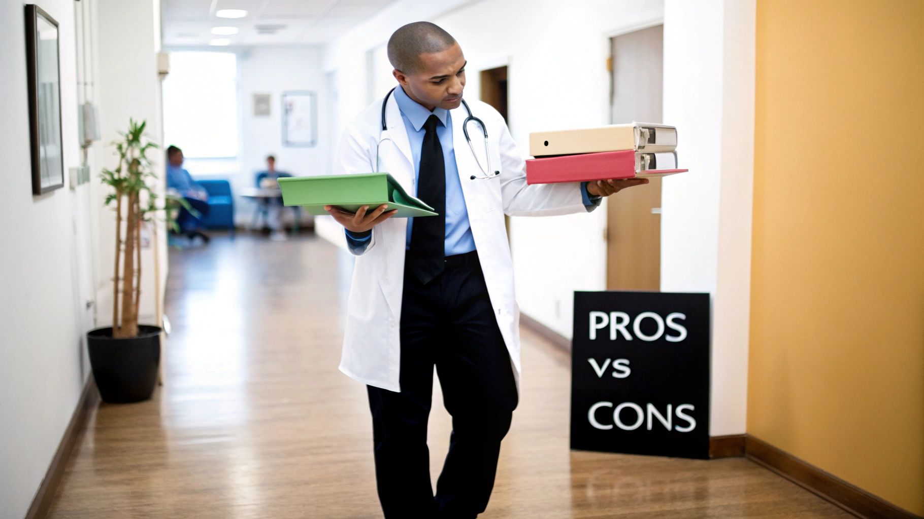 A doctor in a white coat weighs options, holding files in each hand next to a "PROS vs CONS" sign.