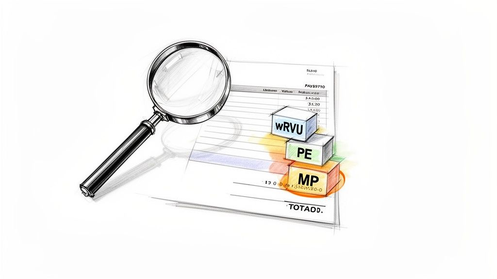 A magnifying glass examines a document with three colored blocks labeled 'wRVU', 'PE', and 'MP'.