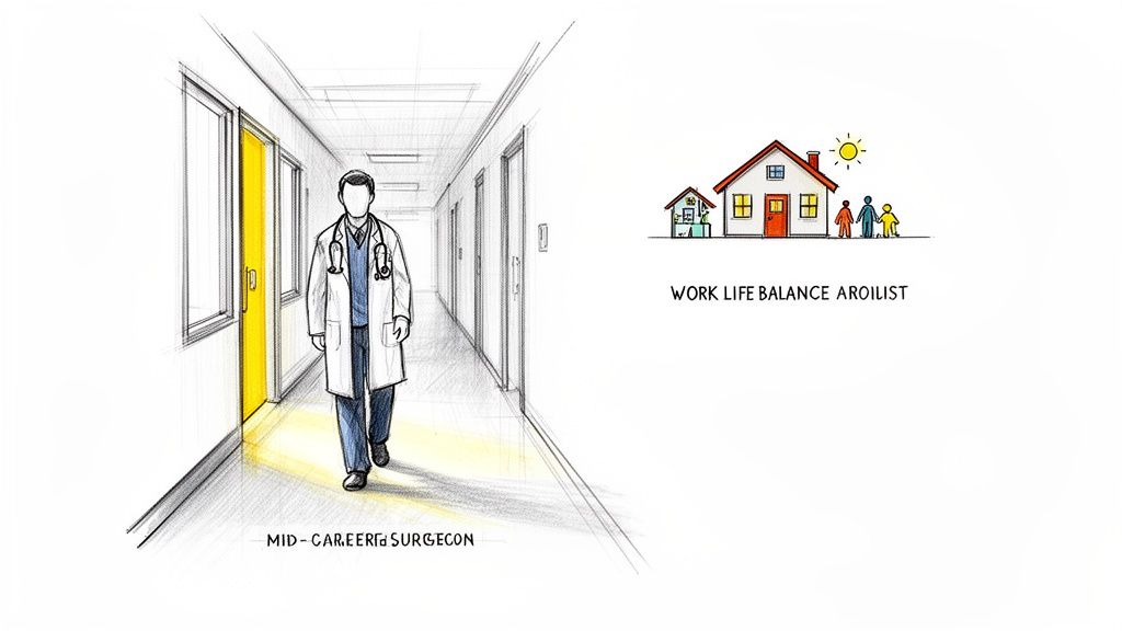 A doctor walks in a hospital hallway, while a house and family symbolize work-life balance.