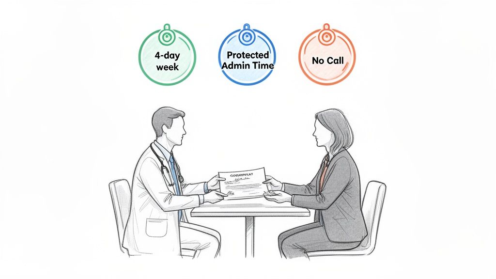 A doctor and a professional discussing a document, with icons showing work benefits like 4-day week and protected admin time.