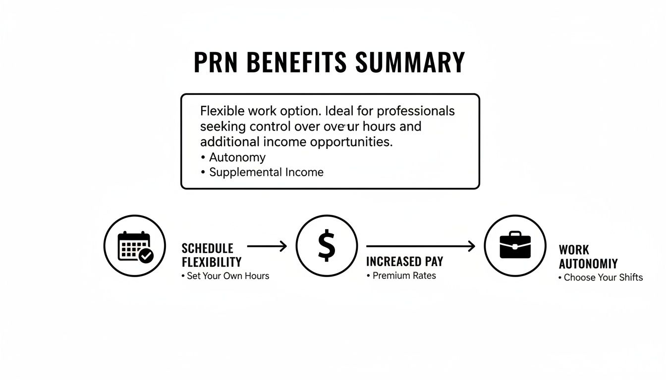 A summary of PRN benefits, detailing schedule flexibility, increased pay, and work autonomy.