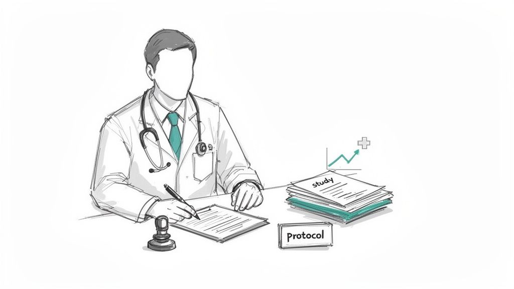 A doctor reviews medical documents and a study protocol, symbolizing clinical research and approval process.