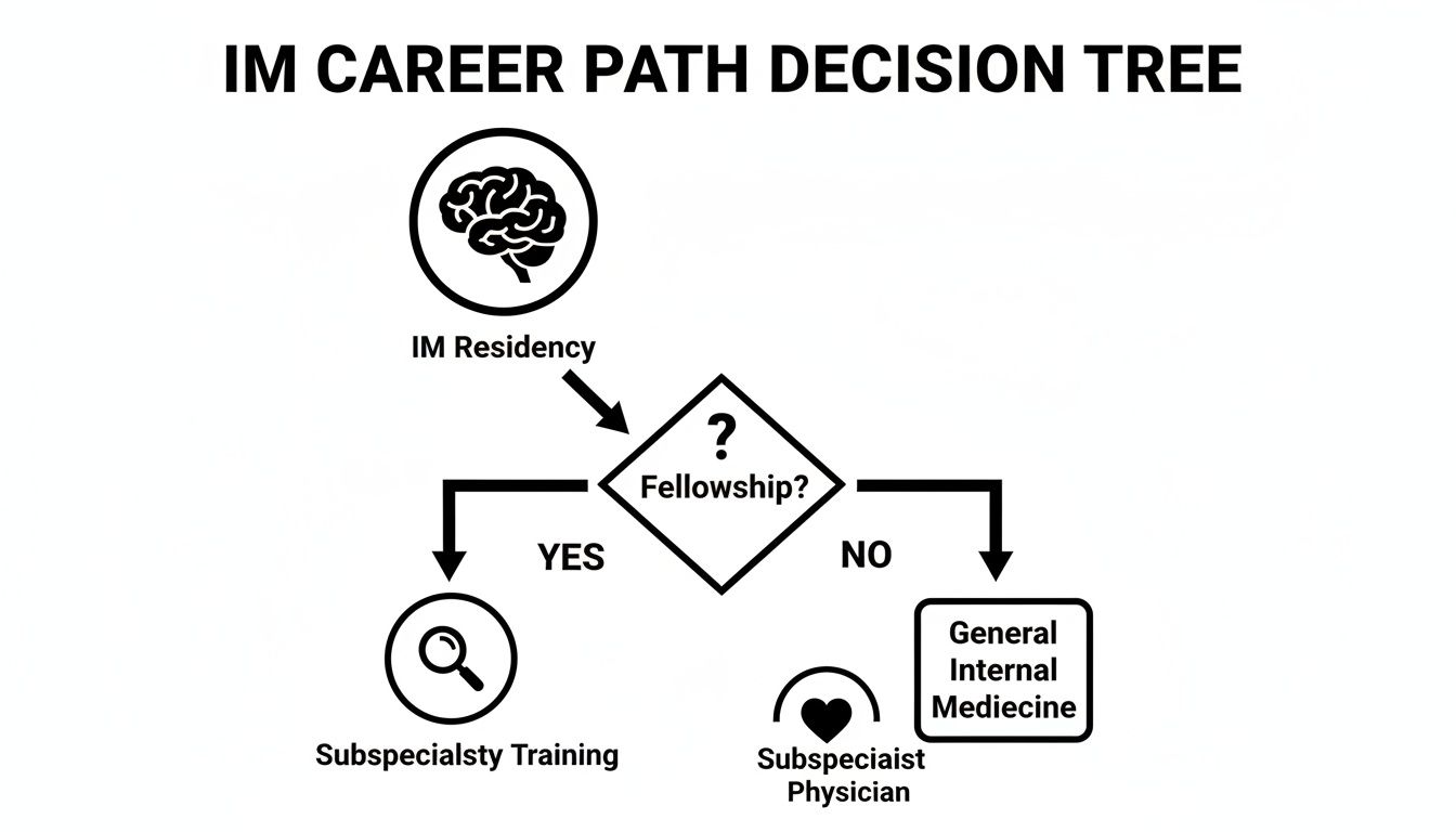 Flowchart showing Internal Medicine career paths: IM Residency, then Fellowship decision for Subspecialty or General Internal Medicine.