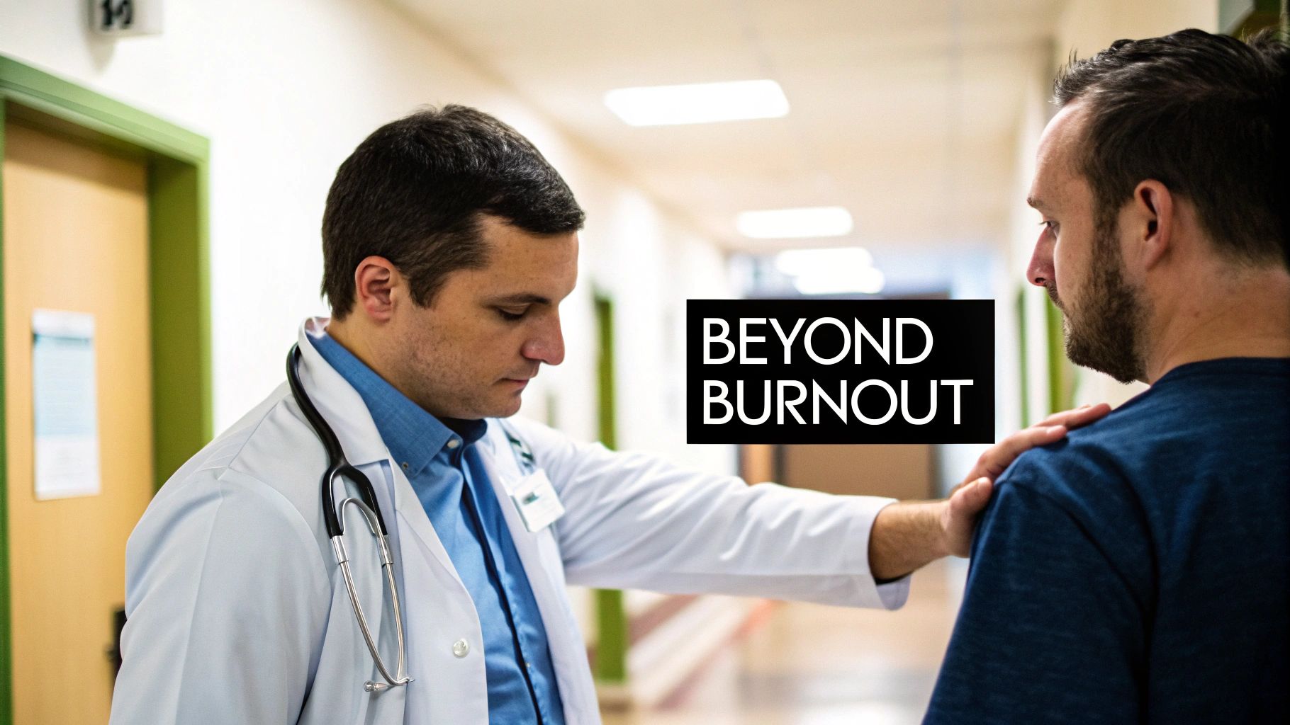 A caring doctor with a stethoscope offers comfort to a patient in a hospital corridor, with "Beyond Burnout" text.