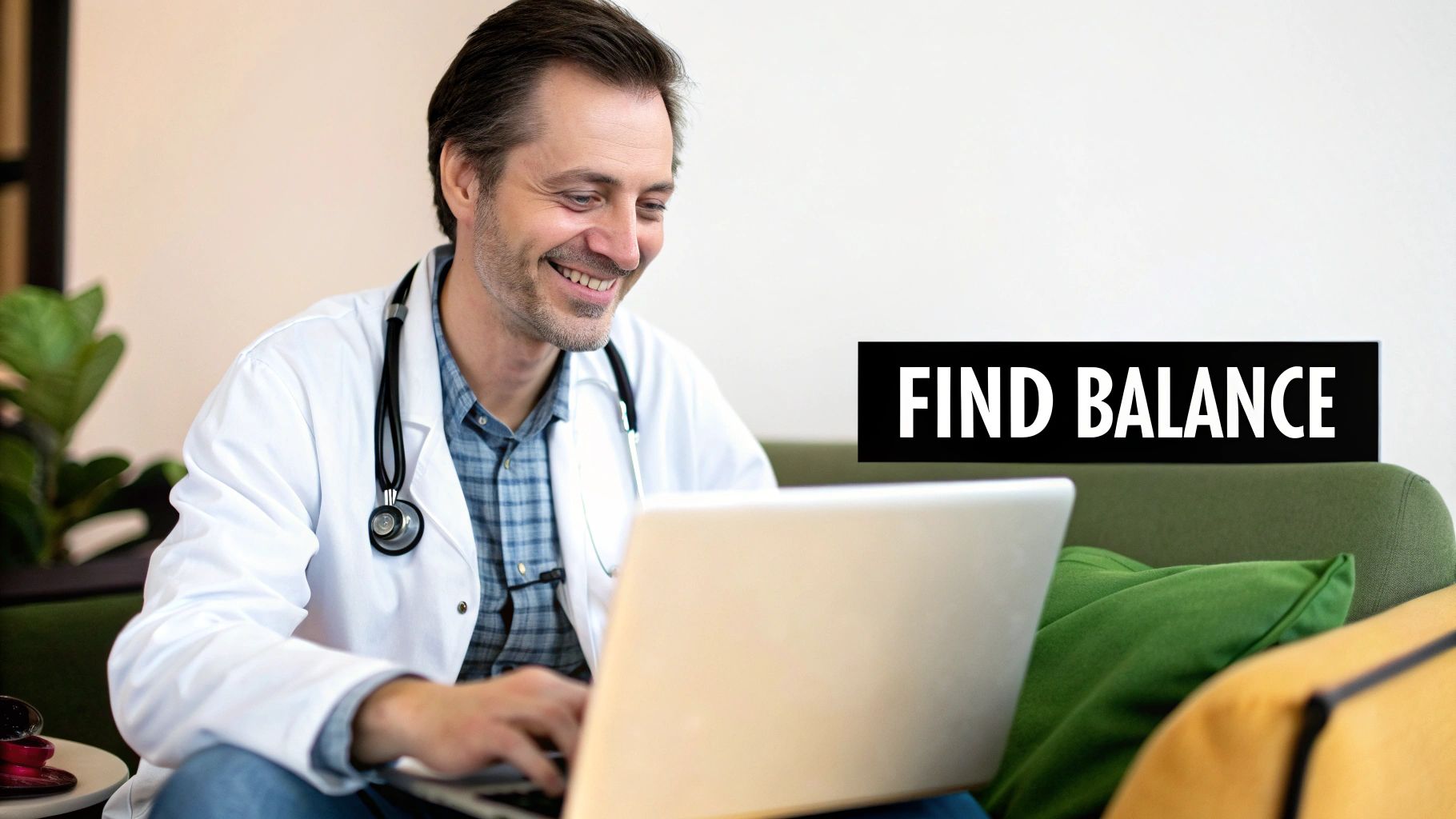 A smiling doctor in a white coat and stethoscope sits on a couch, using a laptop, with 'FIND BALANCE' text.