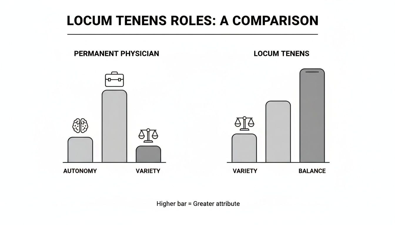 Comparison chart illustrating permanent physician versus locum tenens roles' autonomy, variety, and work-life balance.