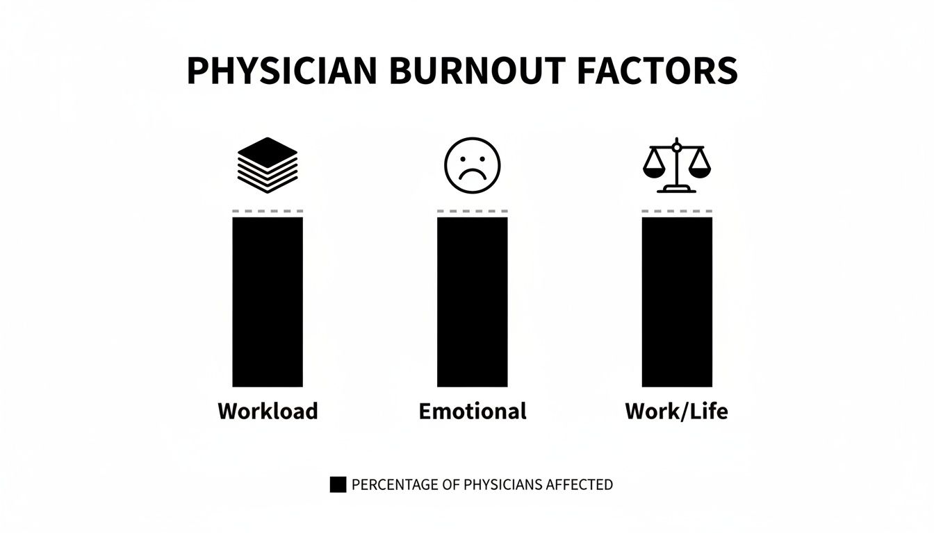 Bar chart illustrating key physician burnout factors: Workload, Emotional, and Work/Life balance.