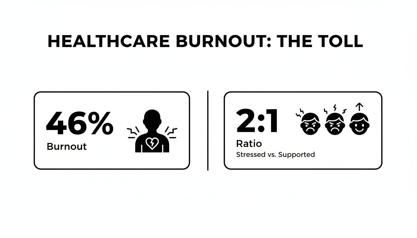 An infographic detailing healthcare burnout, showing 46% burnout and a 2:1 ratio of stressed versus supported professionals.