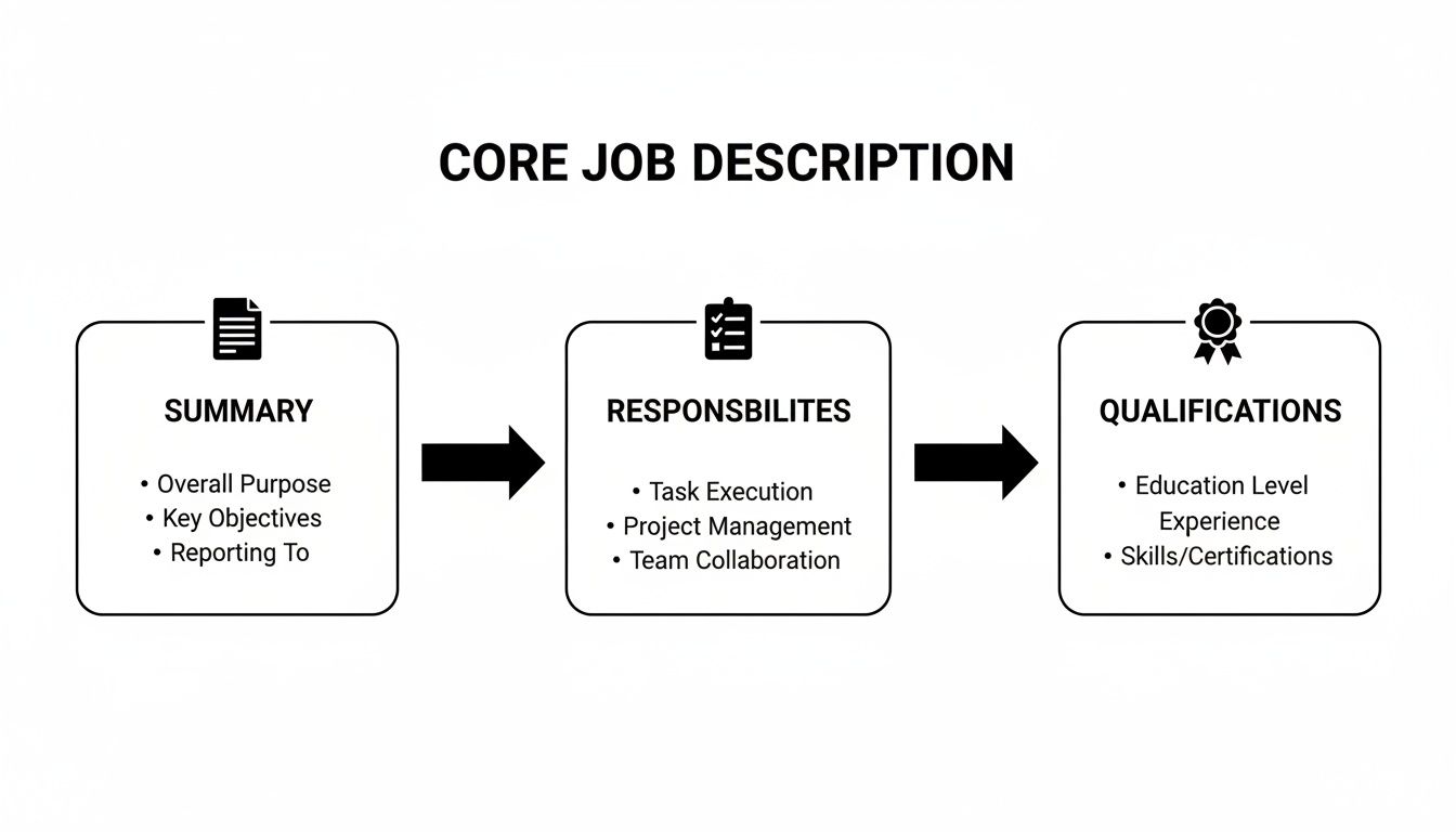 A diagram outlining a core job description with summary, responsibilities, and qualifications sections.