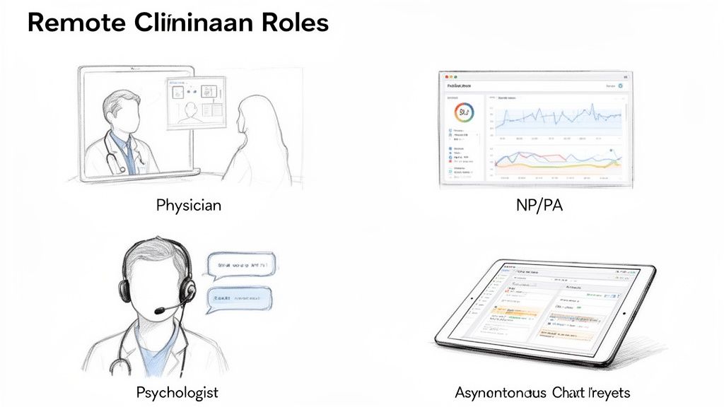 Illustrations depict various remote clinical roles: physician, NP/PA, psychologist, and asynchronous charting via tablet.