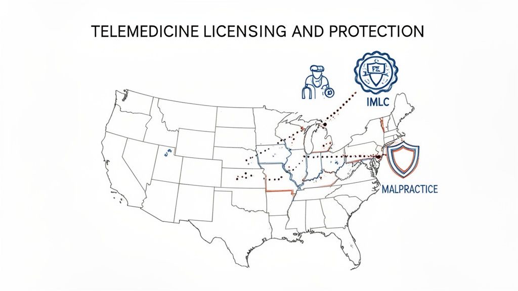 US map illustrating doctor, IMLC, and malpractice shield icons explaining telemedicine licensing and protection.