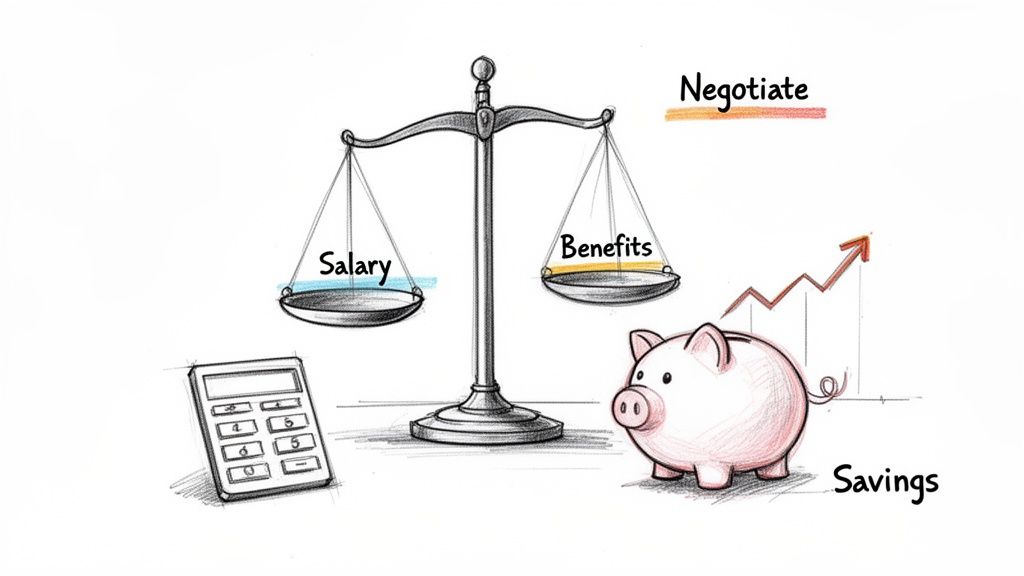 A sketch illustrating salary and benefits on a balancing scale, with a calculator, piggy bank, and savings growth, suggesting negotiation.