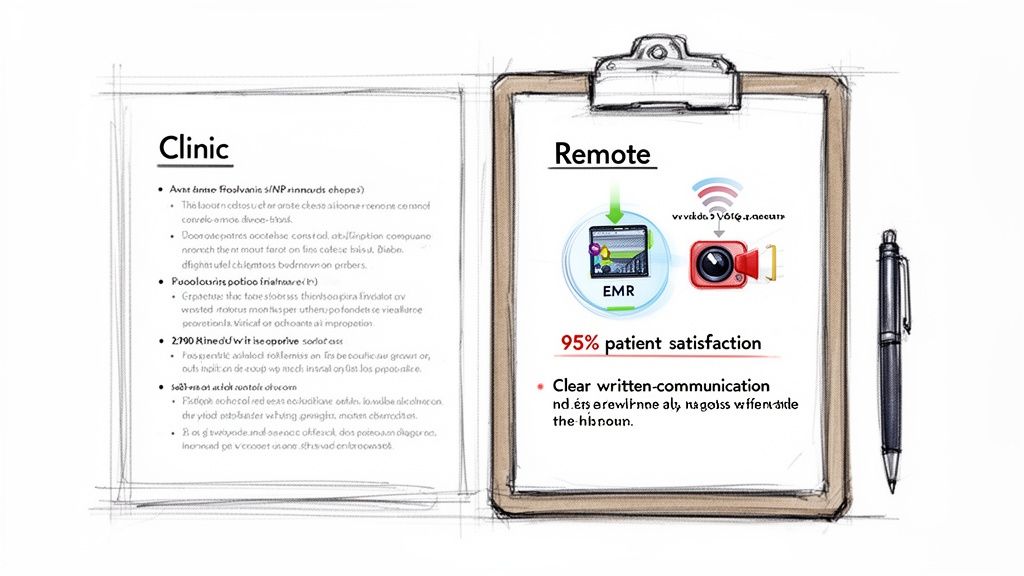 Presentation slide comparing clinic and remote healthcare, showing EMR, video, and 95% patient satisfaction.