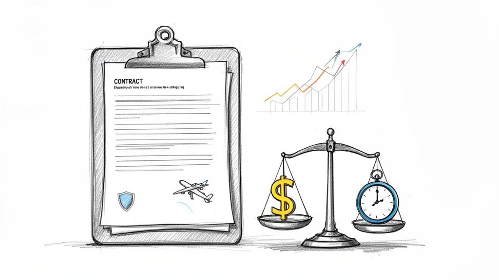 A sketch of a contract, an airplane, a shield, financial scales, and a growth chart.