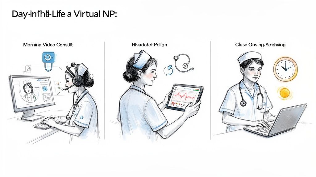 A virtual nurse practitioner performs video consults, reviews patient data on a tablet, and works on a laptop.