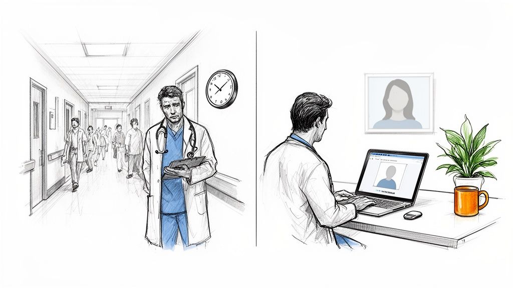 A doctor in a crowded hospital hallway contrasting with a doctor performing a virtual consultation.