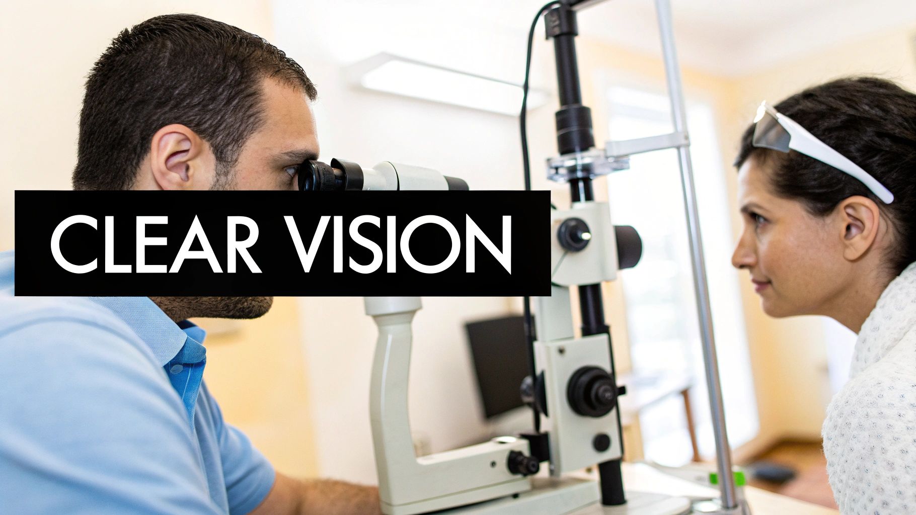 An optometrist examines a patient's eye with a slit lamp for a clear vision check.