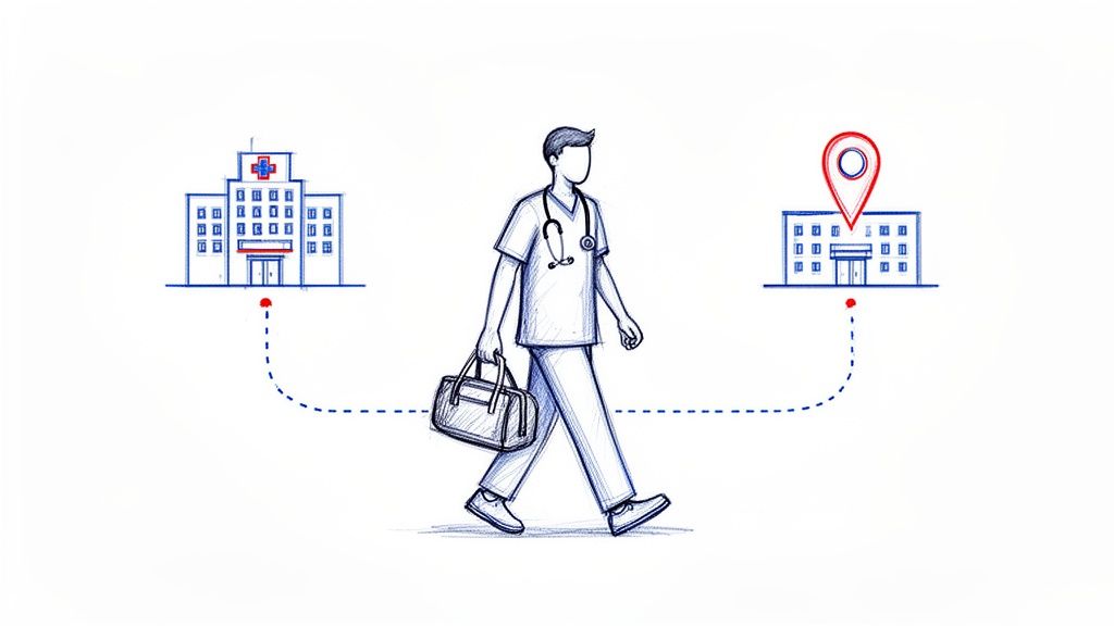 Sketch of a healthcare professional with a stethoscope and bag, walking between two hospital buildings.