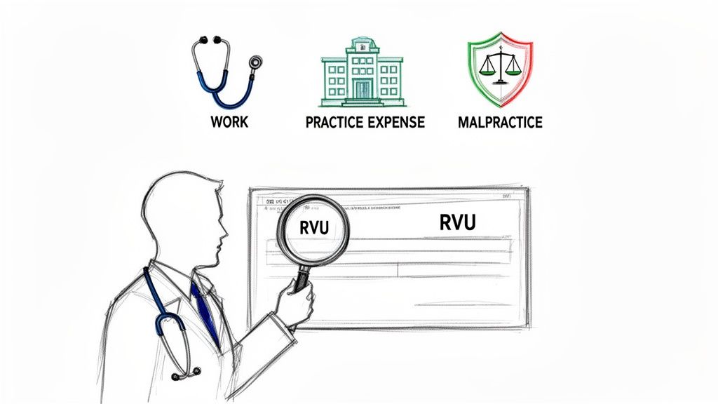 A doctor uses a magnifying glass to inspect an RVU document, with icons for work, practice expense, and malpractice.