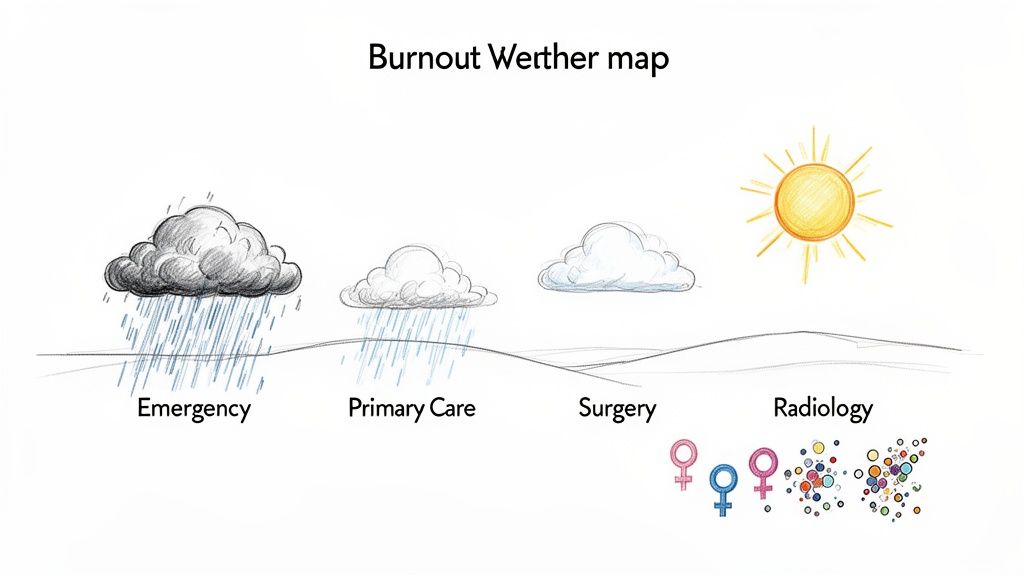 Illustration of a burnout 'weather map' showing burnout levels for medical specialties: Emergency, Primary Care, Surgery, Radiology.