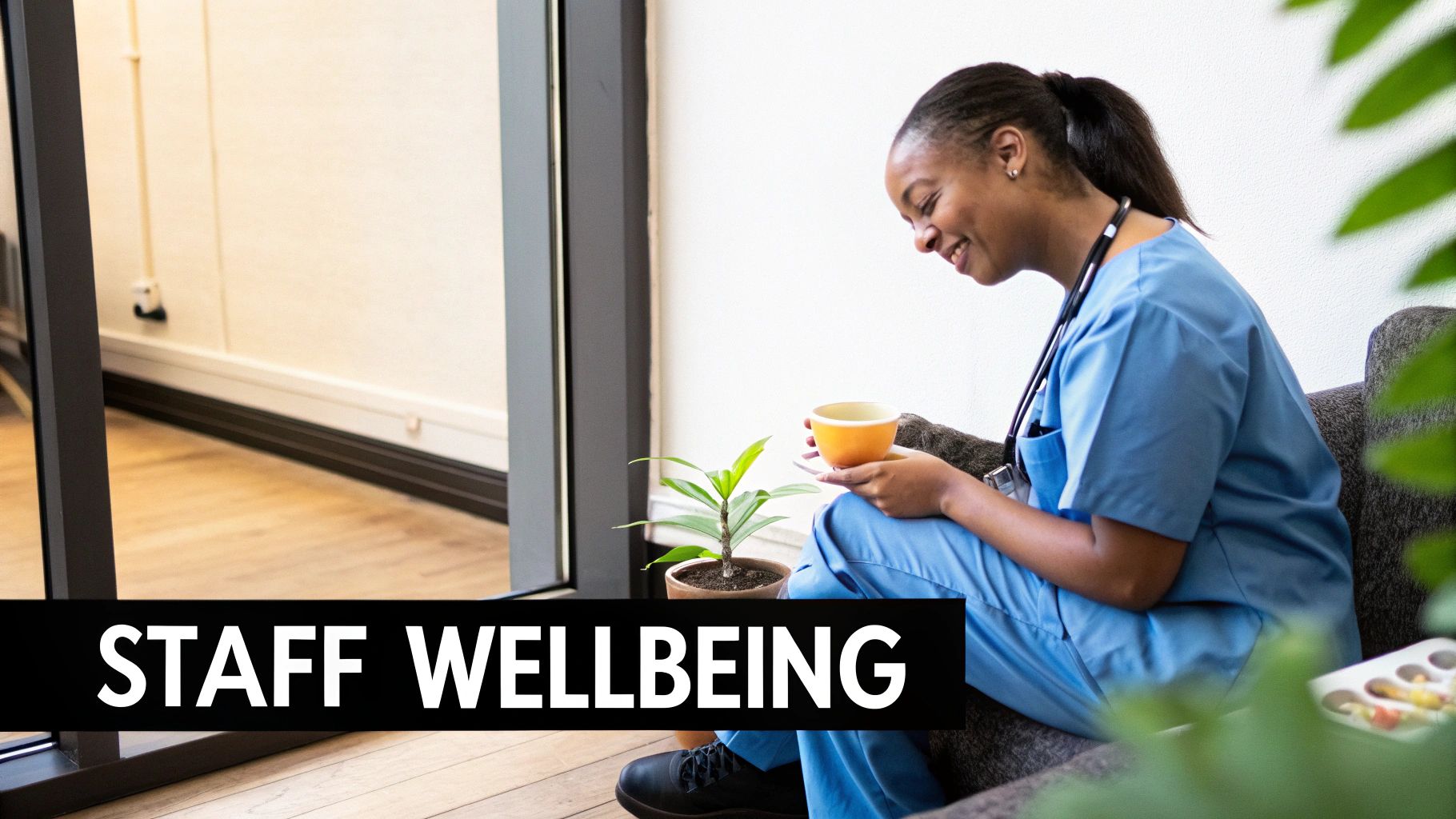 A smiling healthcare worker in blue scrubs holding a cup, relaxing on a sofa, promoting staff wellbeing.