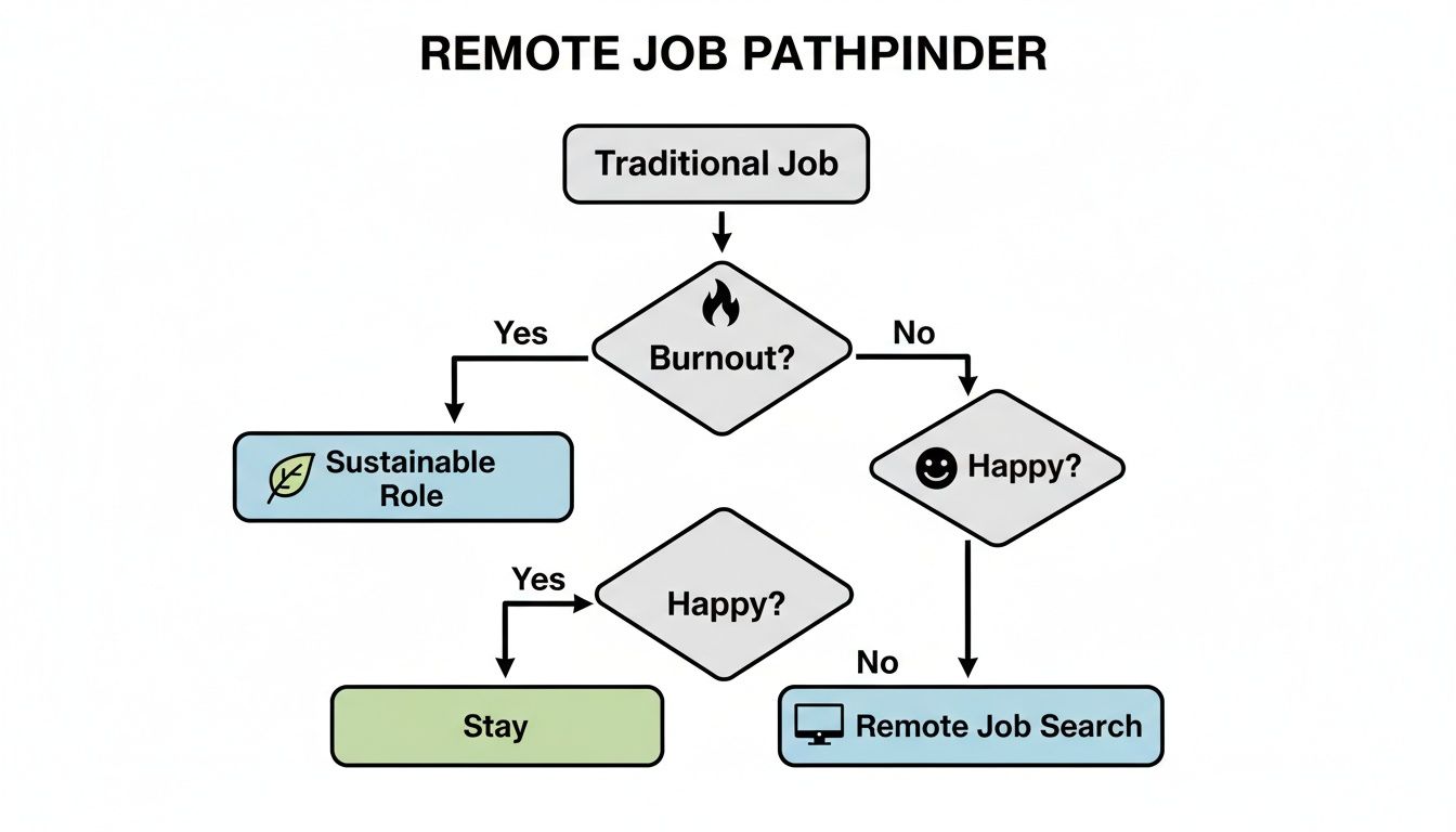Flowchart guiding career decisions: traditional job, burnout, happiness, sustainable role, or remote job search.
