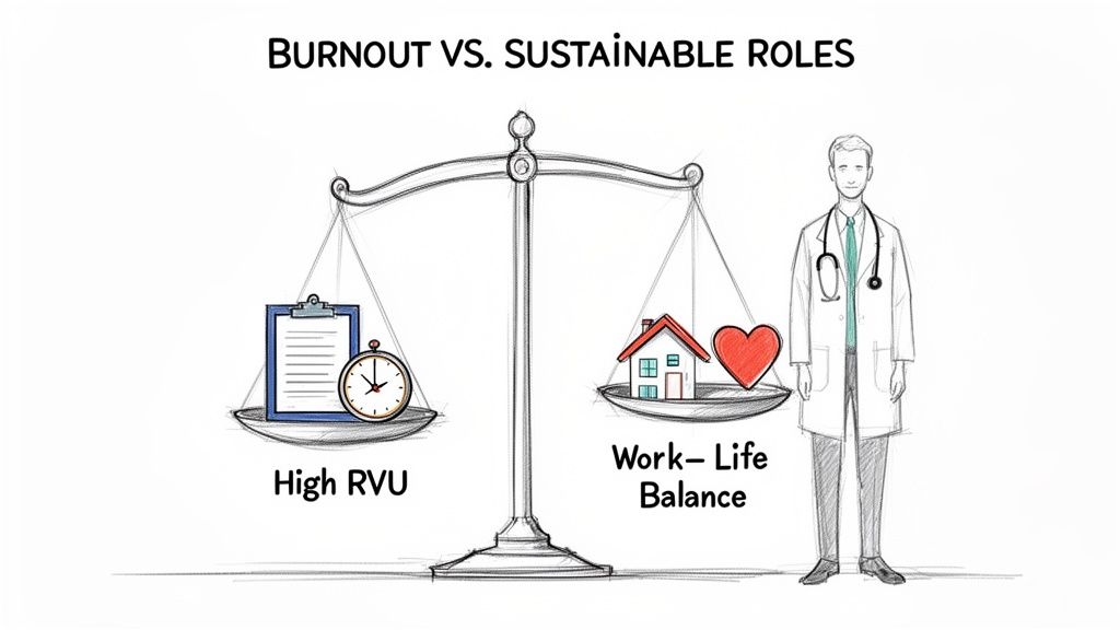A doctor stands next to a balance scale contrasting 'High RVU' with 'Work-Life Balance', representing burnout.