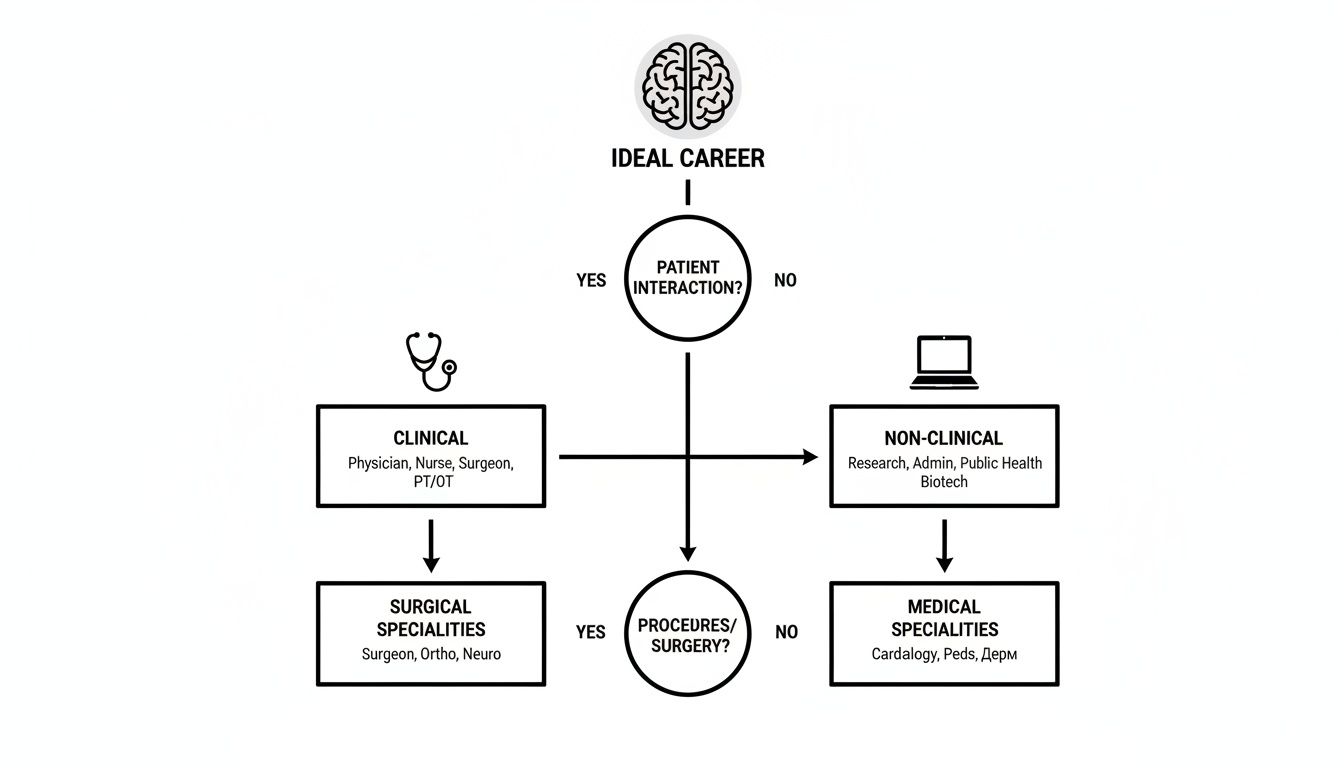 Flowchart guiding ideal medical career paths based on patient interaction and surgical procedures.