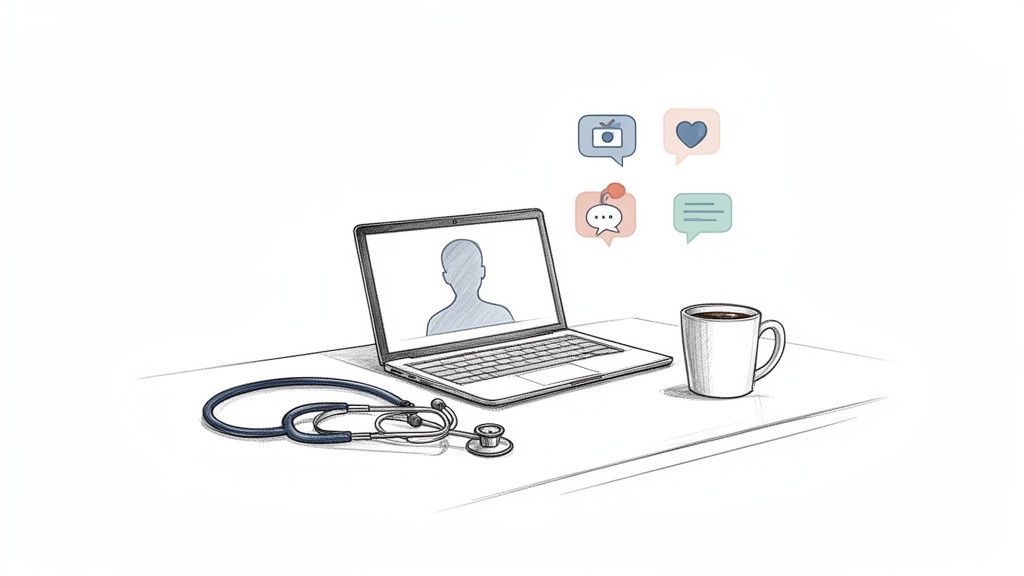 Illustration of a laptop with a patient on screen, stethoscope, and message bubbles, symbolizing remote medical care.
