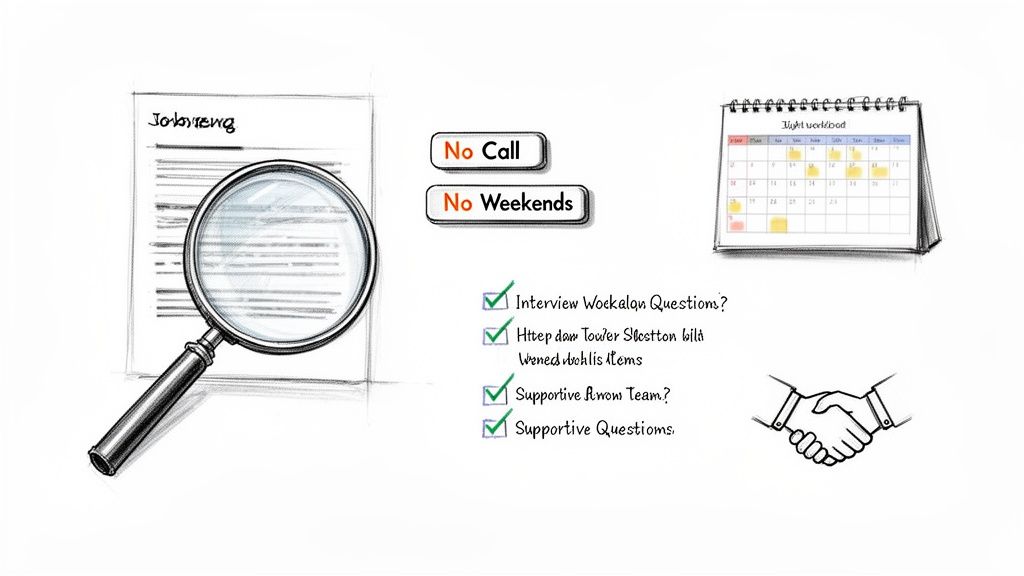 An illustration of job search benefits: no call, no weekends, supportive team, and manageable workload.