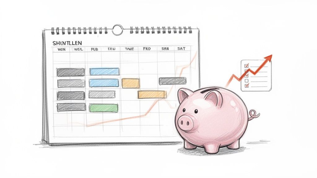 A sketch showing a calendar schedule, a piggy bank, and a rising graph with a checklist, symbolizing financial planning and growth.