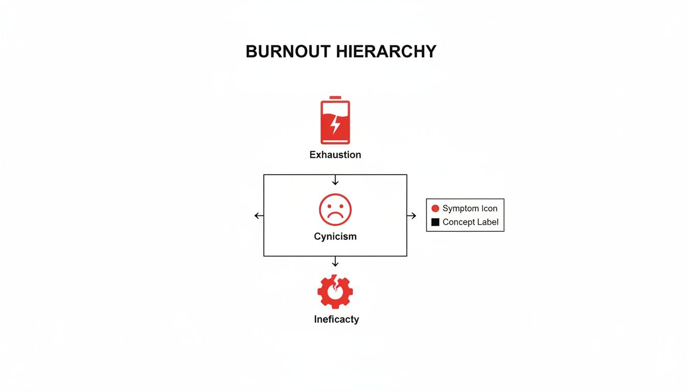Diagram illustrating the Burnout Hierarchy with Exhaustion, Cynicism, and Inefficacy stages.